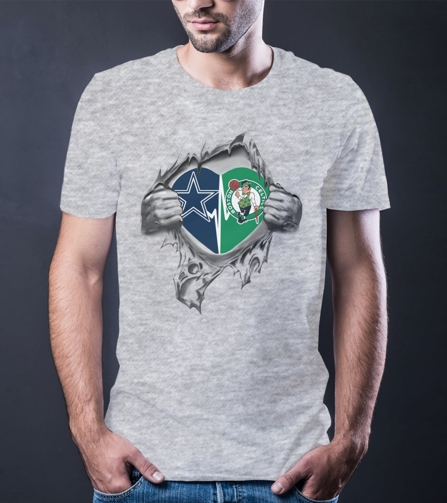 Cowboys Boston Celtics Heart Silver Torn Fabric Hands T-Shirt