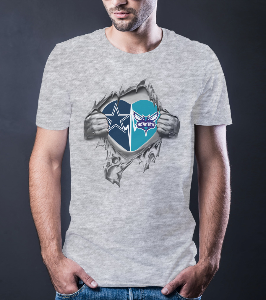 Cowboys Charlotte Hornets Heart Torn Open T-Shirt