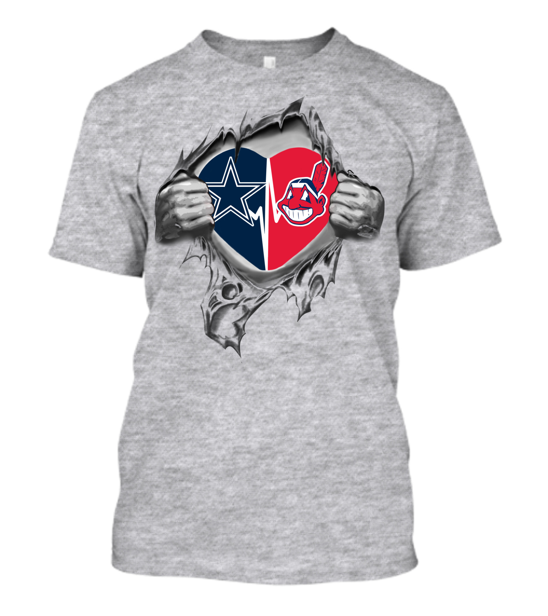 Cowboys Cleveland Indians Heart With Star And Chief Wahoo Logos T-Shirt