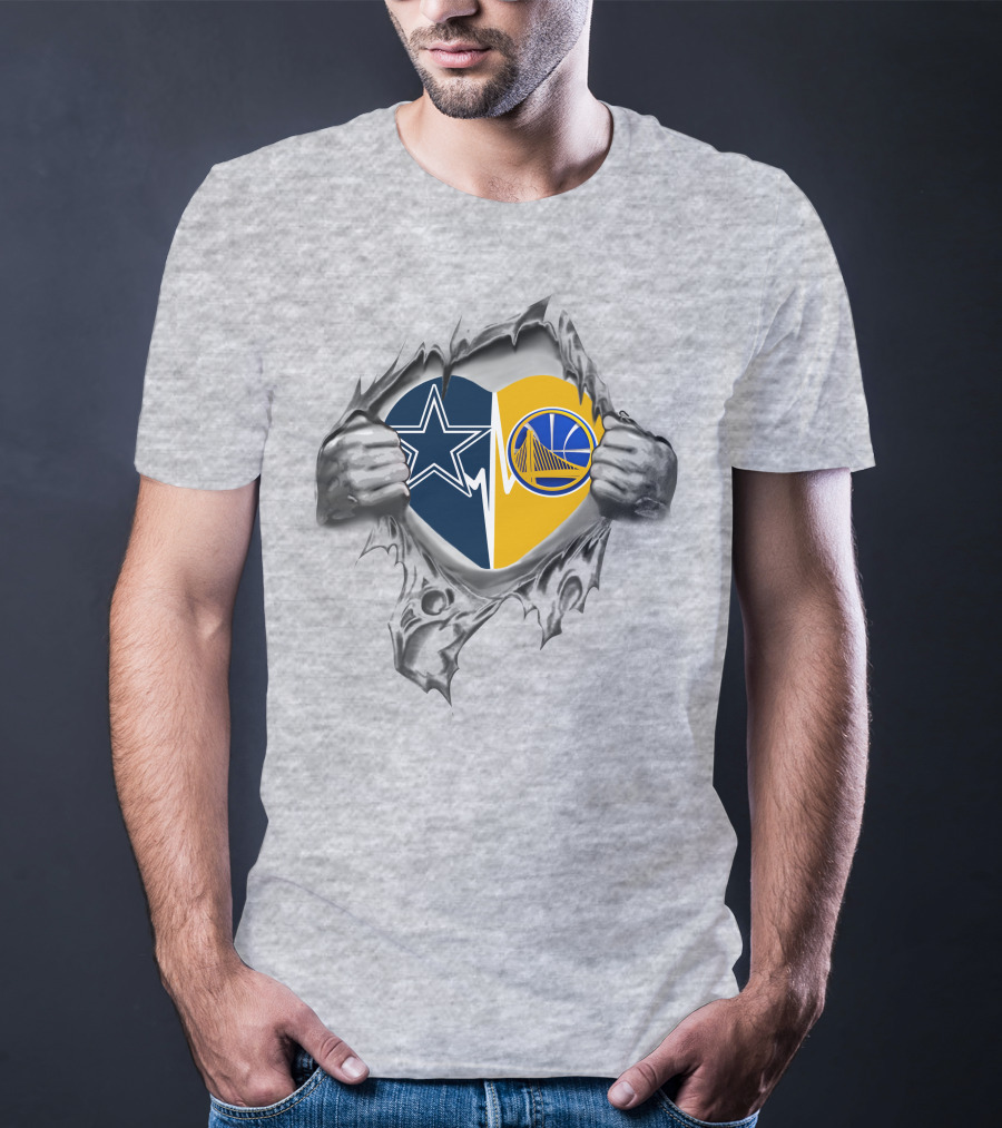 Cowboys And Golden State Warriors Heart With Hands Tearing T-Shirt