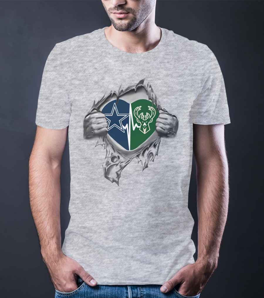 Cowboys And Milwaukee Bucks Heart Design With Logos T-Shirt