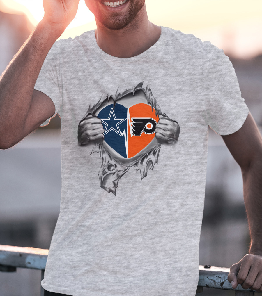 Cowboys Philadelphia Flyers Heart Design With Split Logos T-Shirt