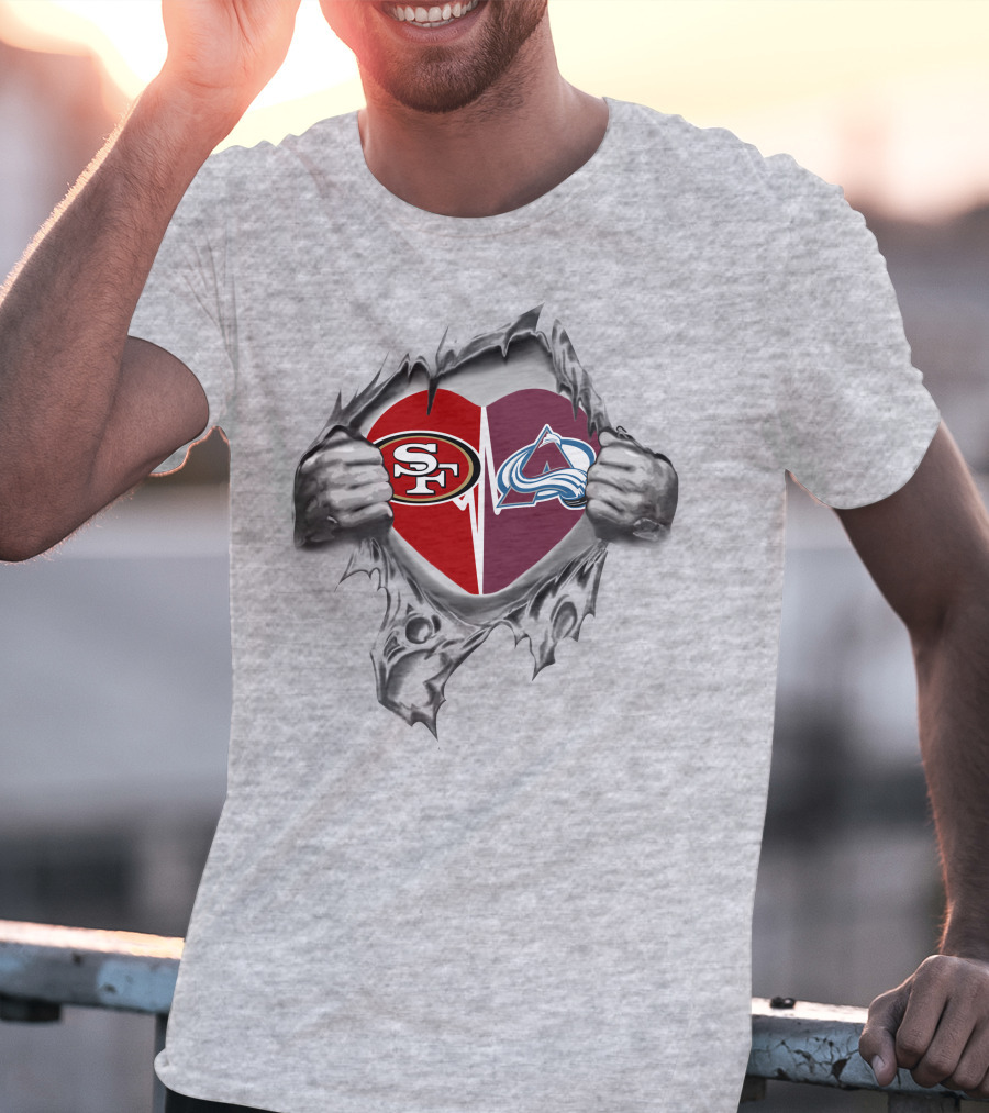 49ers Colorado Avalanche Heart Logos Torn Metal T-Shirt
