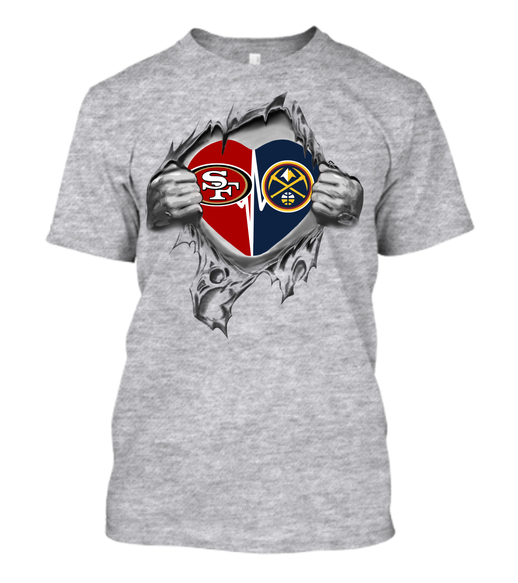 49ers Denver Nuggets Heart Logos Torn Fabric Concept T-Shirt