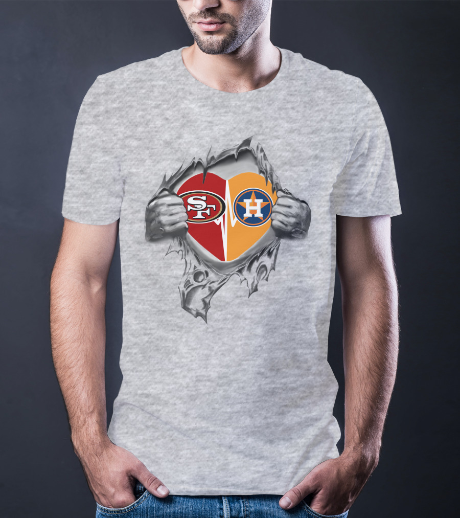49ers Houston Astros Heart Logos With Ripped Skin Effect T-Shirt