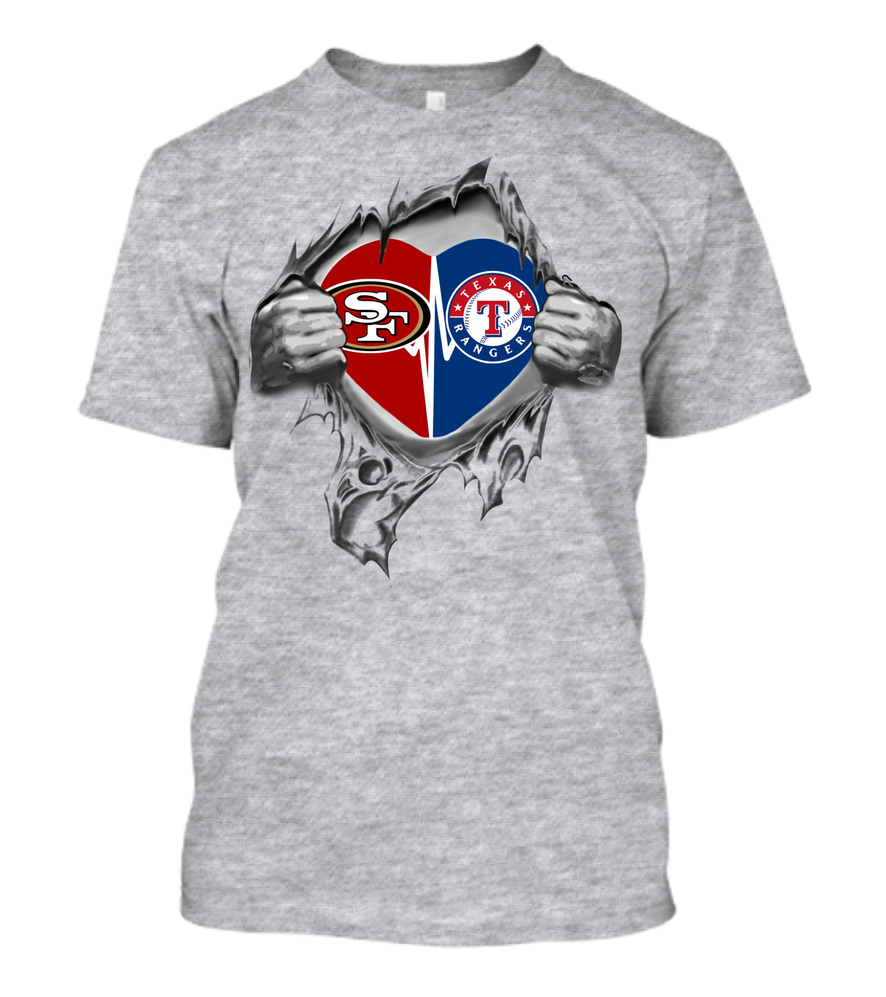 49ers Texas Rangers Heart Logos Rip T-Shirt