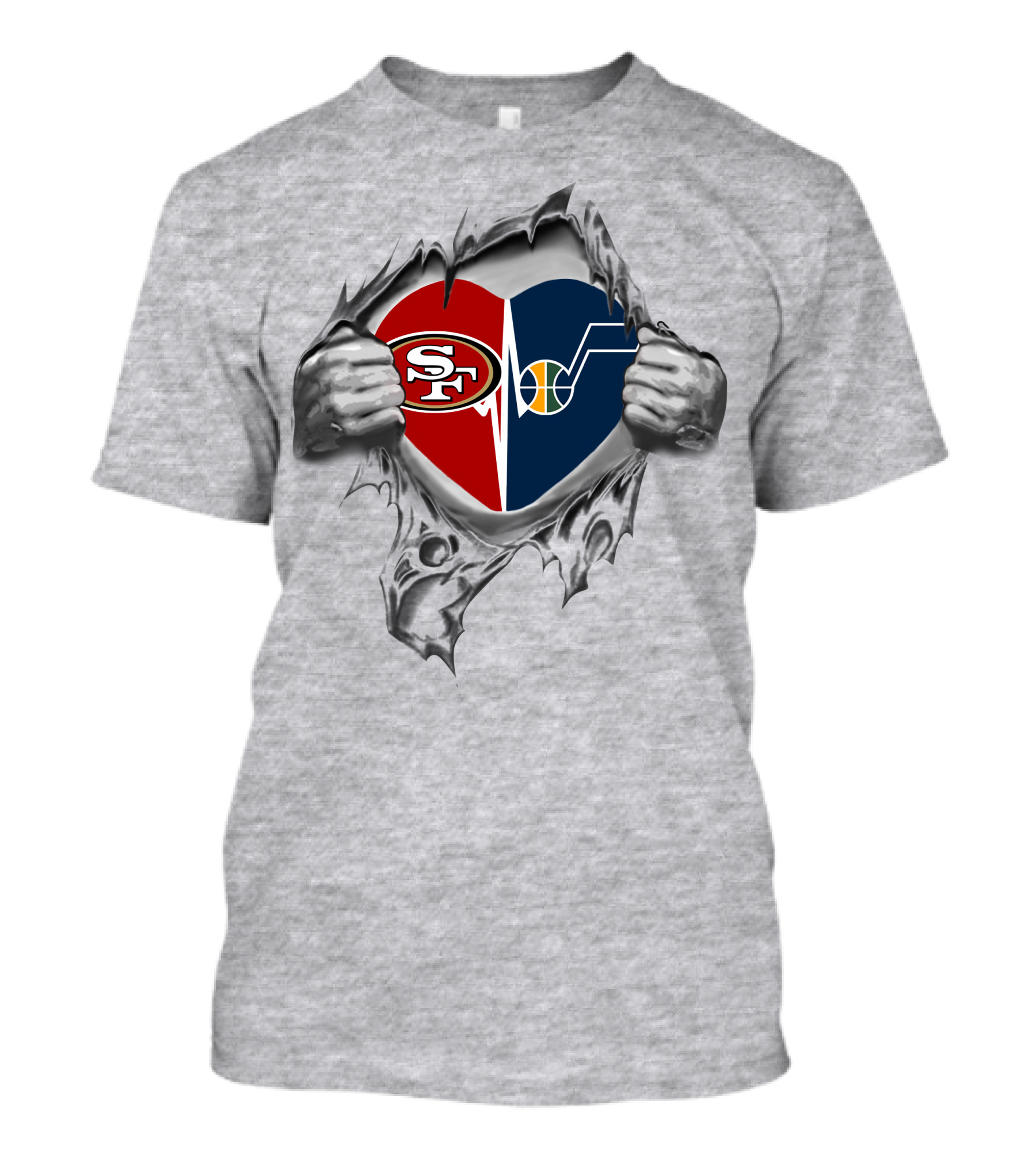 49ers Utah Jazz Heart Logo Fusion With Torn Fabric T-Shirt