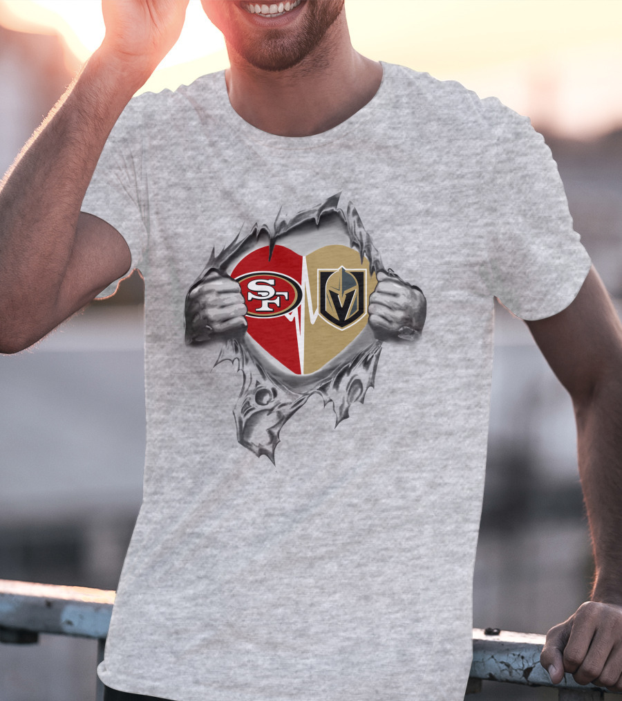 49ers Vegas Golden Knights Heart Design With Tattered Hands T-Shirt
