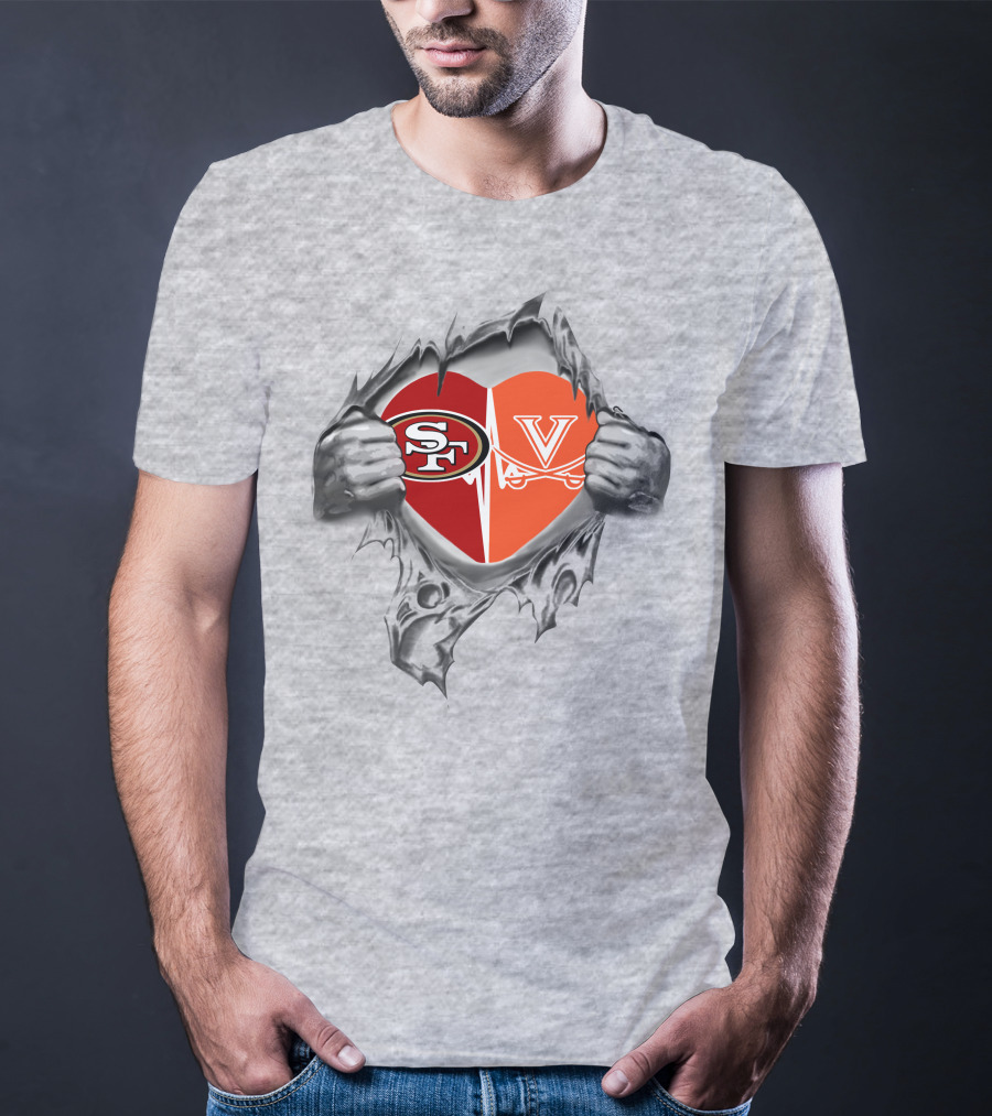 49ers Virginia Cavaliers Heart Logos In Torn Fabric T-Shirt