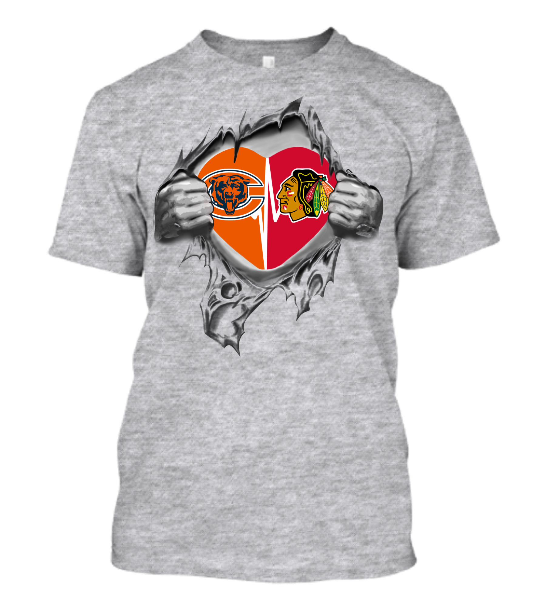 Bears Chicago Blackhawks Heart Logos Torn Chest T-Shirt