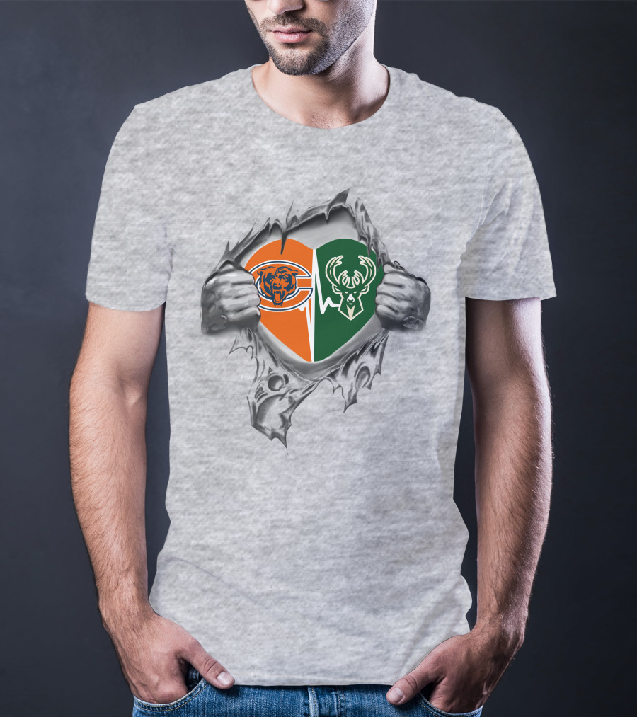 Bears Milwaukee Bucks Heart Logo Split With Hands Peeling Open T-Shirt