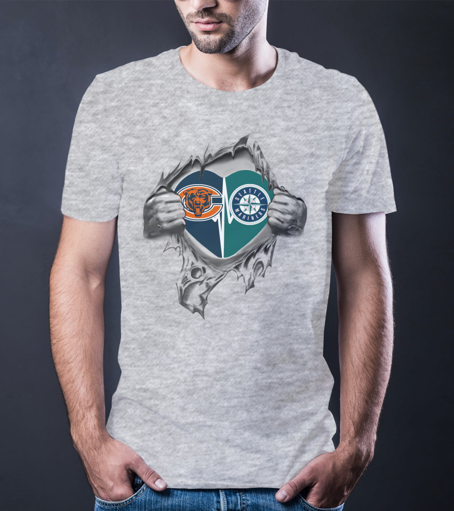 Chicago Bears Seattle Mariners Heart Logo Combination T-Shirt