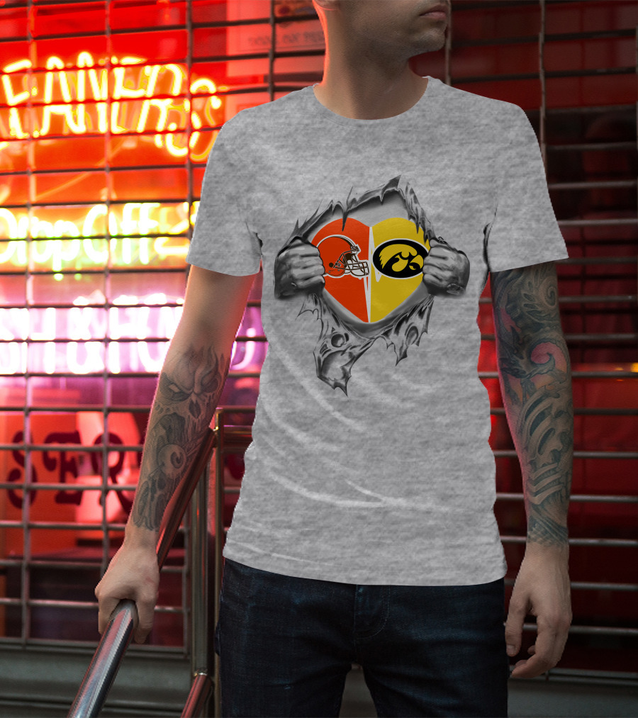 Browns Iowa Hawkeyes Heart Helmet And Tiger Hawk T-Shirt