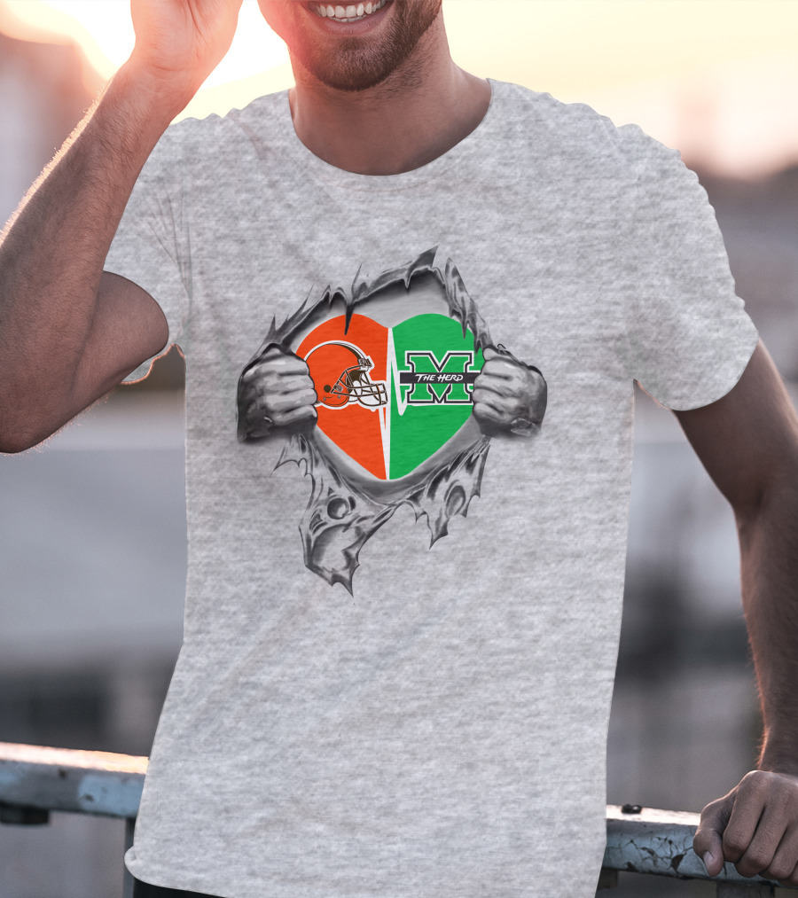 Browns Helmet And Marshall Thundering Herd Heart T-Shirt
