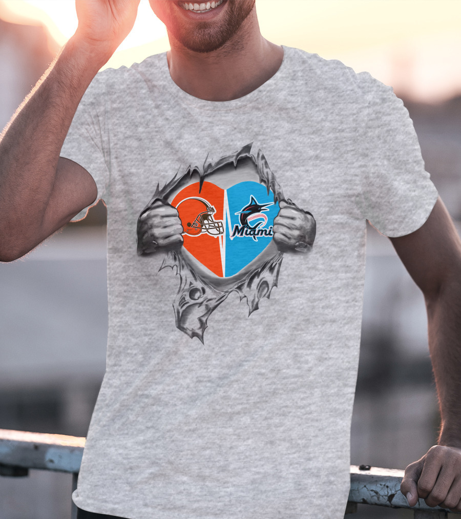 Browns Miami Marlins Heart Logo Reveal T-Shirt