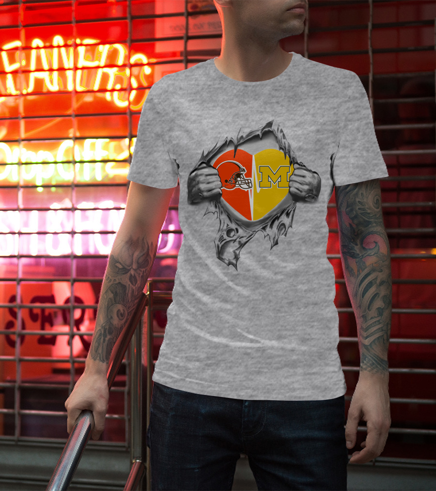 Browns Michigan Wolverines Heart Logo Ripped T-Shirt