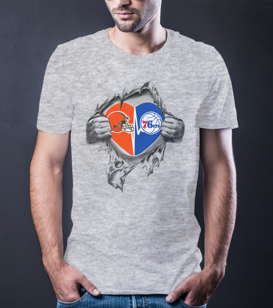Browns 76ers Nfl Nba Heart Logo Fusion T-Shirt