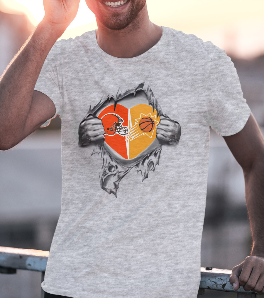 Browns Phoenix Suns Heart With Football And Basketball Logos T-Shirt