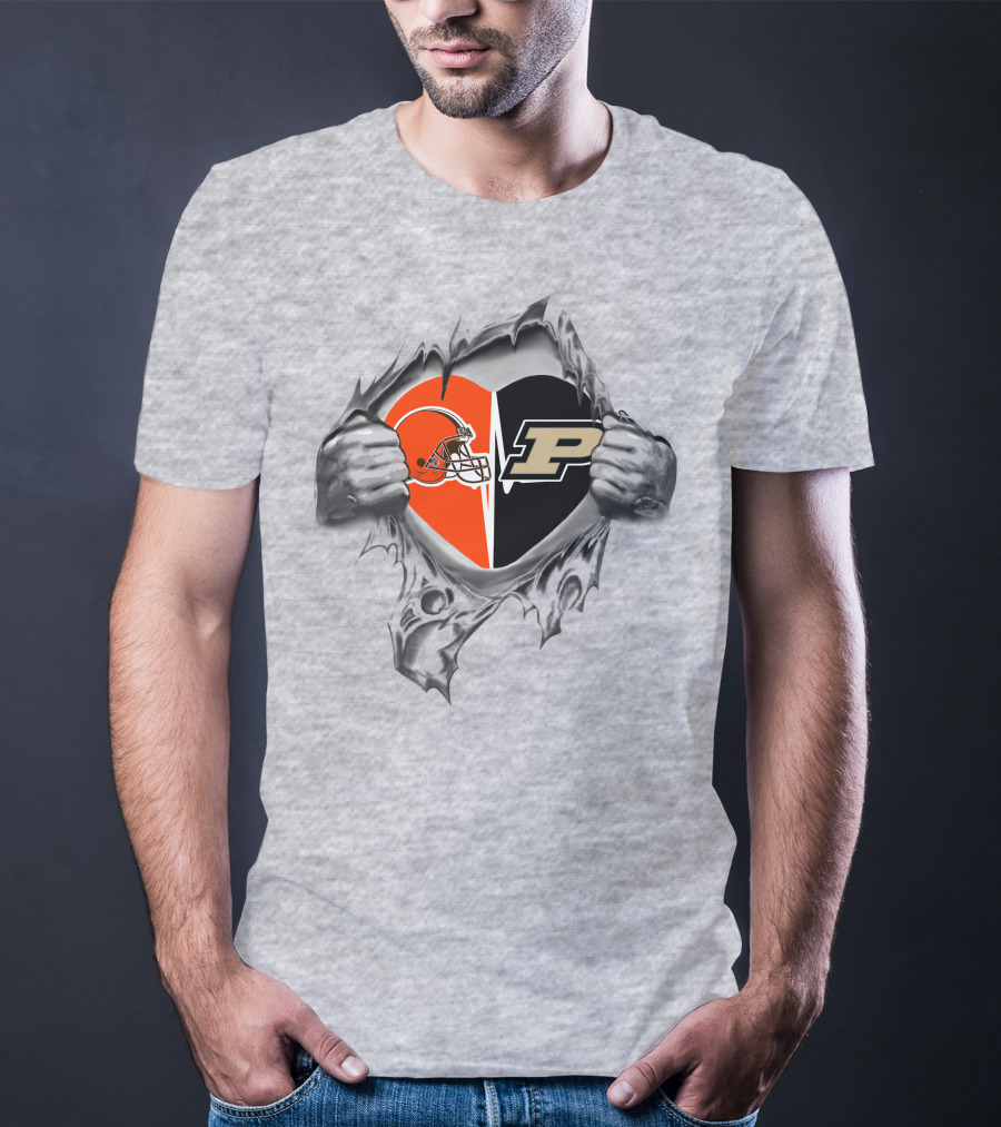 Browns Purdue Boilermakers Heart Split Design With Football Helmet And P T-Shirt