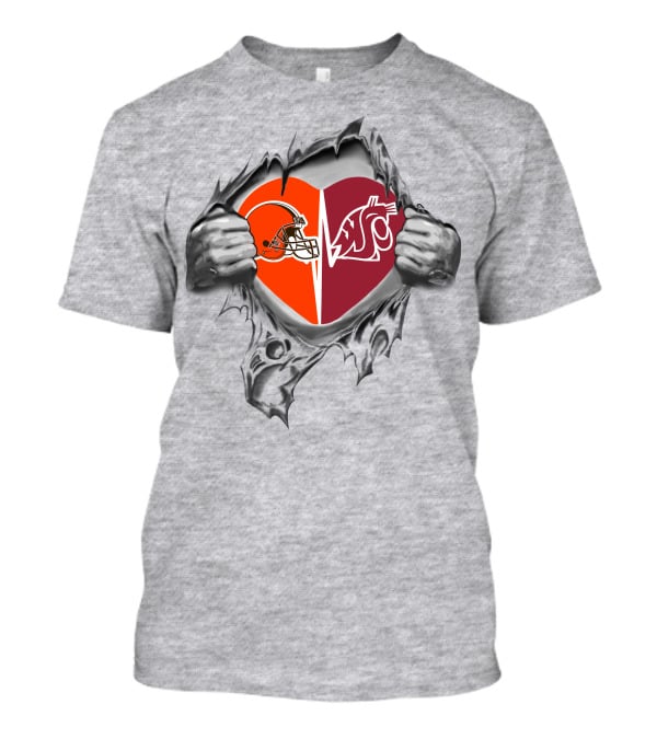 Browns And Washington State Cougars Heart Logo Ripped T-Shirt
