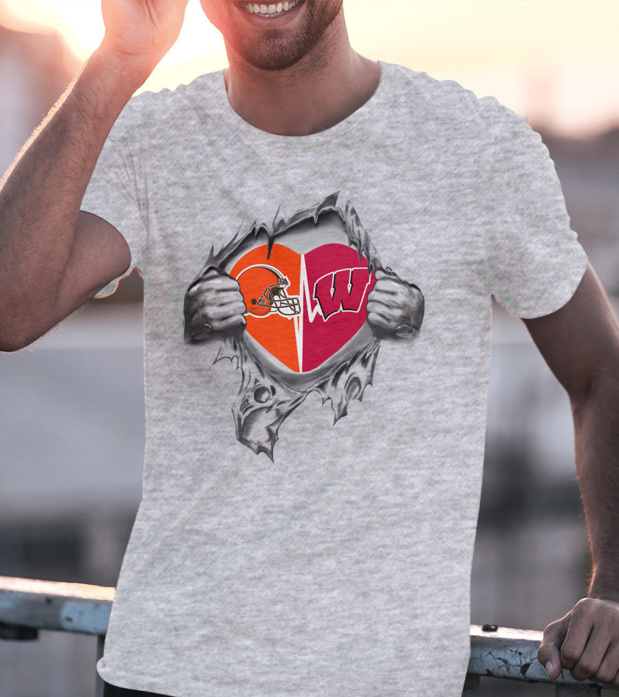 Browns Wisconsin Badgers Heart Logos Together Forever T-Shirt