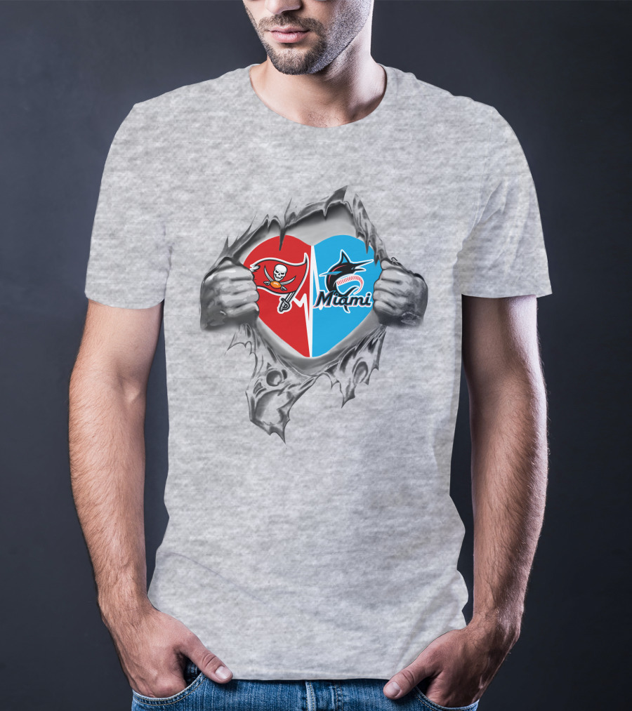 Buccaneers And Miami Marlins Heart Rip T-Shirt