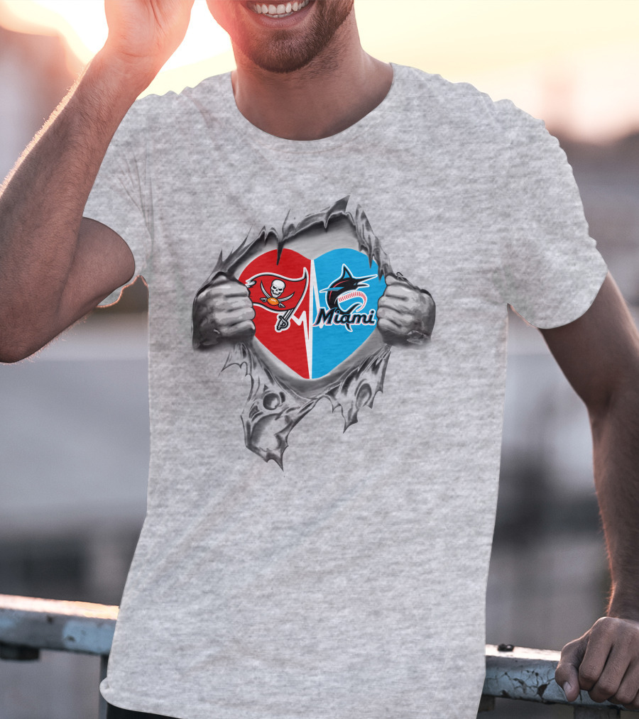 Buccaneers And Miami Marlins Heart Rip T-Shirt