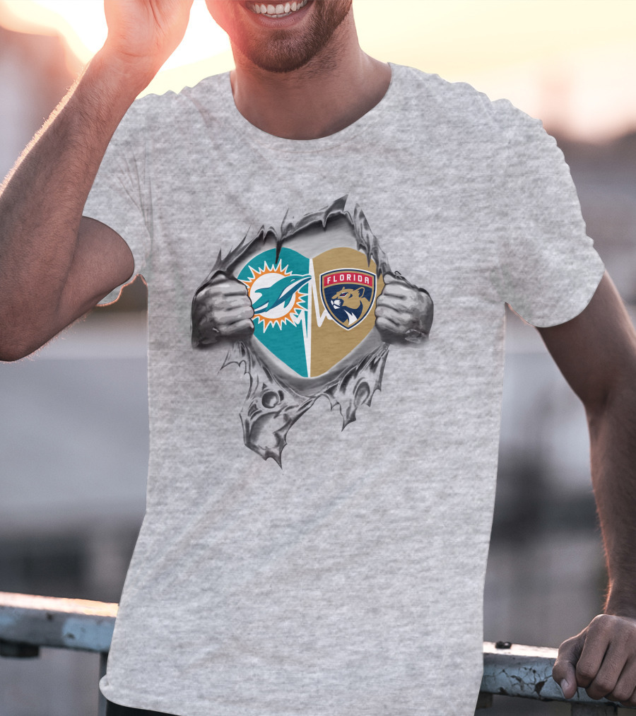Dolphins And Florida Panthers Heart Design 27 Connection T-Shirt