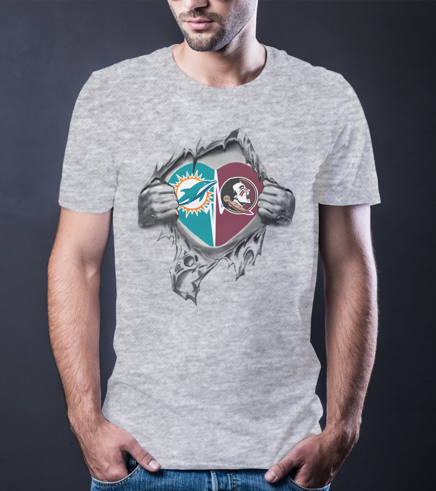 Florida State Seminoles Miami Dolphins Heart Pullover T-Shirt