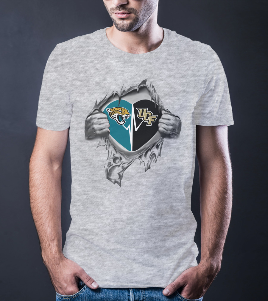 Jacksonville Jaguars Ucf Knights Heart Design Busting Through T-Shirt