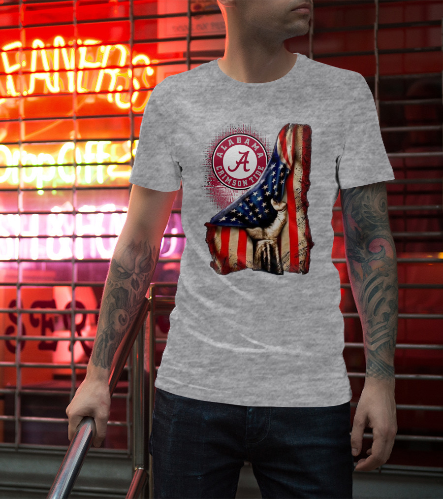 Alabama Crimson Tide American Flag Fist Outline T-Shirt