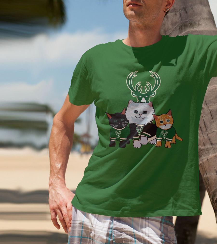 Milwaukee Bucks Cats Trio With Team Logos And Deer Antlers T-Shirt