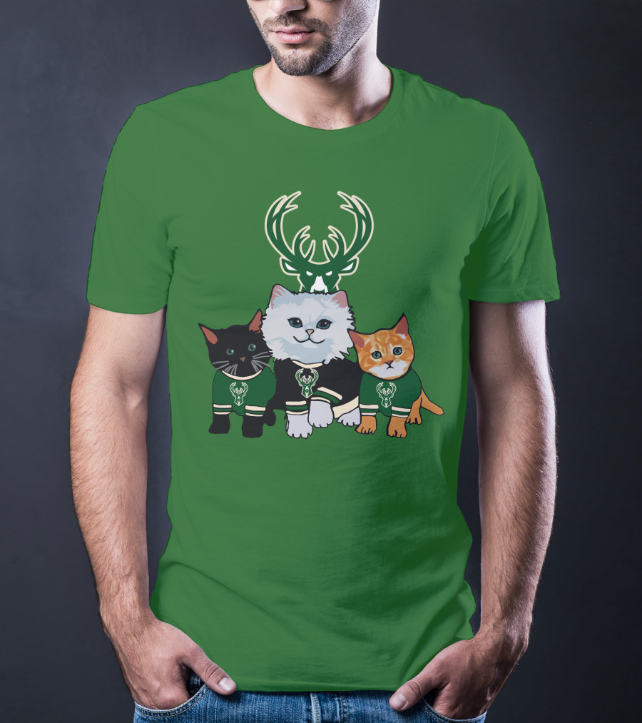 Milwaukee Bucks Cats Trio With Team Logos And Deer Antlers T-Shirt