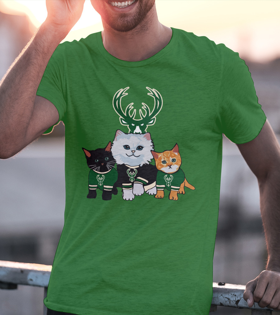 Milwaukee Bucks Cats Trio With Team Logos And Deer Antlers T-Shirt