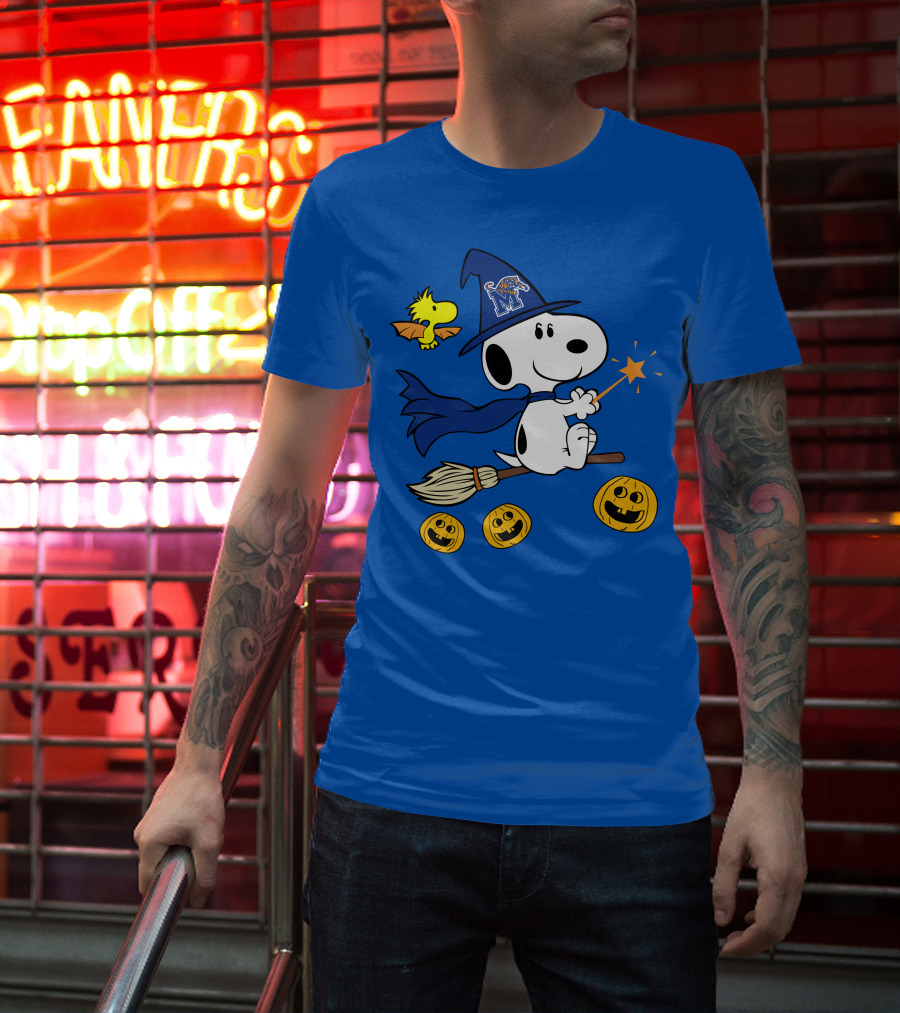Snoopy And Woodstock Flying Witch With Memphis Tigers Hat And Happy Halloween Pumpkins T-Shirt