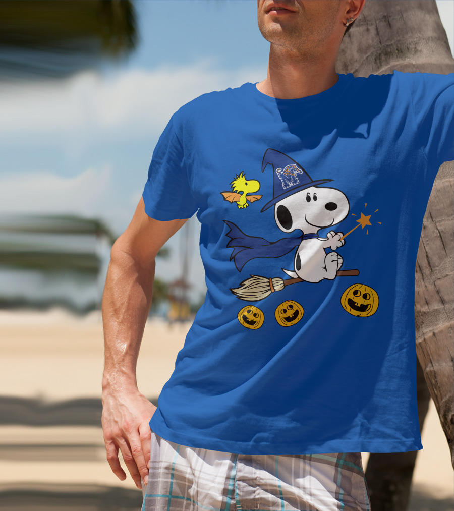 Snoopy And Woodstock Flying Witch With Memphis Tigers Hat And Happy Halloween Pumpkins T-Shirt