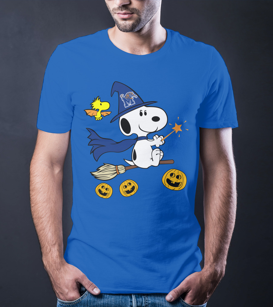 Snoopy And Woodstock Flying Witch With Memphis Tigers Hat And Happy Halloween Pumpkins T-Shirt
