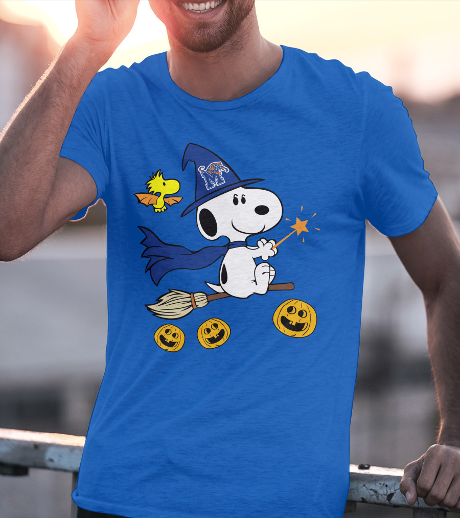 Snoopy And Woodstock Flying Witch With Memphis Tigers Hat And Happy Halloween Pumpkins T-Shirt