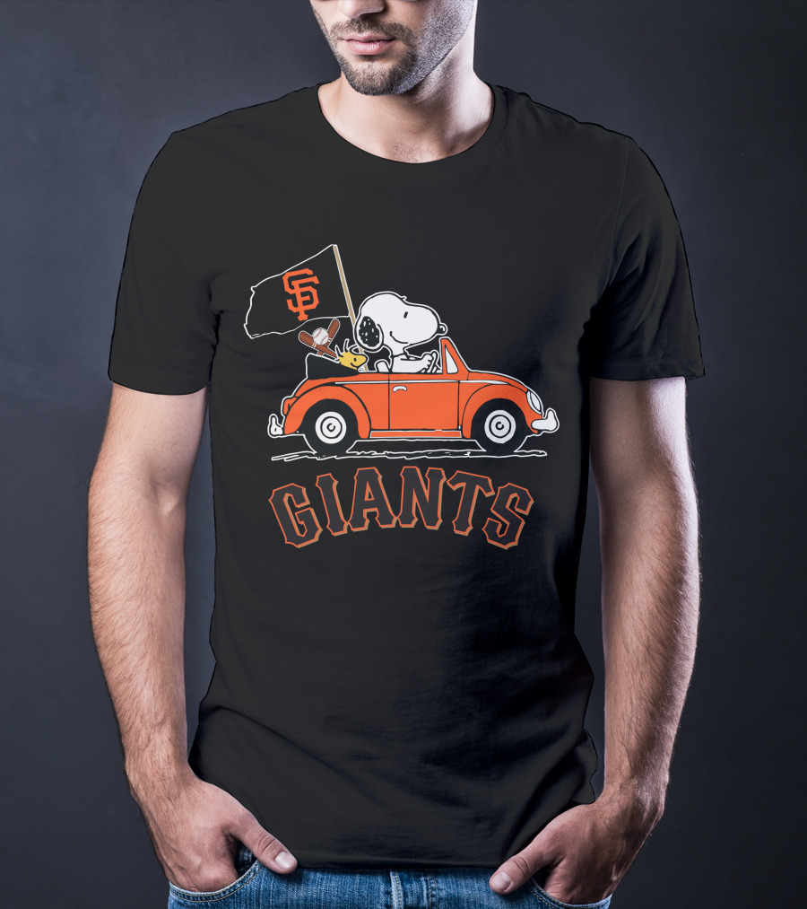 San Francisco Giants Snoopy Riding Forever With Woodstock In Orange Car T-Shirt