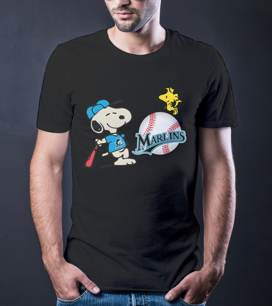 Miami Marlins Snoopy Baseball Woodstock Cartoon T-Shirt