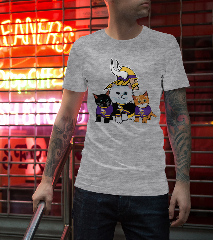 Minnesota Vikings Cats In Purple Jerseys With Viking Helmet T-Shirt