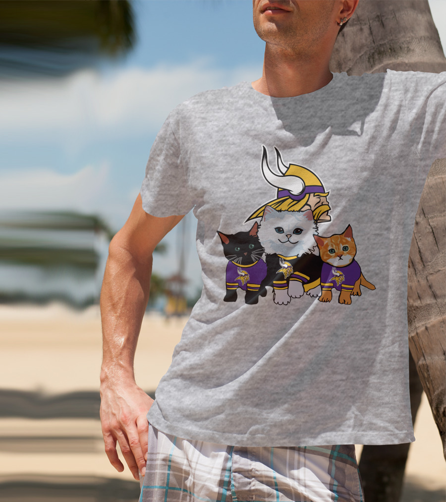 Minnesota Vikings Cats In Purple Jerseys With Viking Helmet T-Shirt