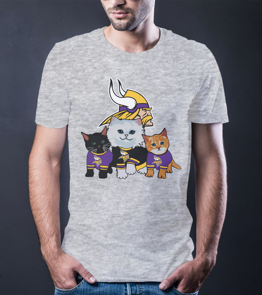 Minnesota Vikings Cats In Purple Jerseys With Viking Helmet T-Shirt