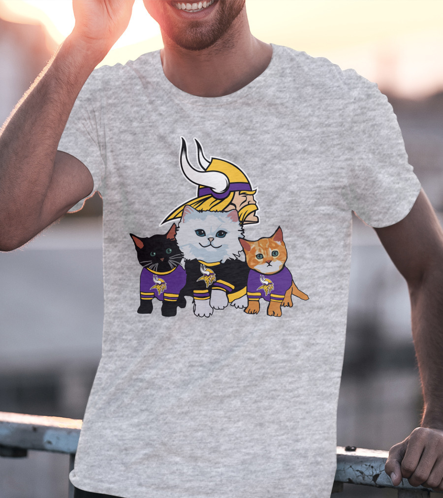 Minnesota Vikings Cats In Purple Jerseys With Viking Helmet T-Shirt