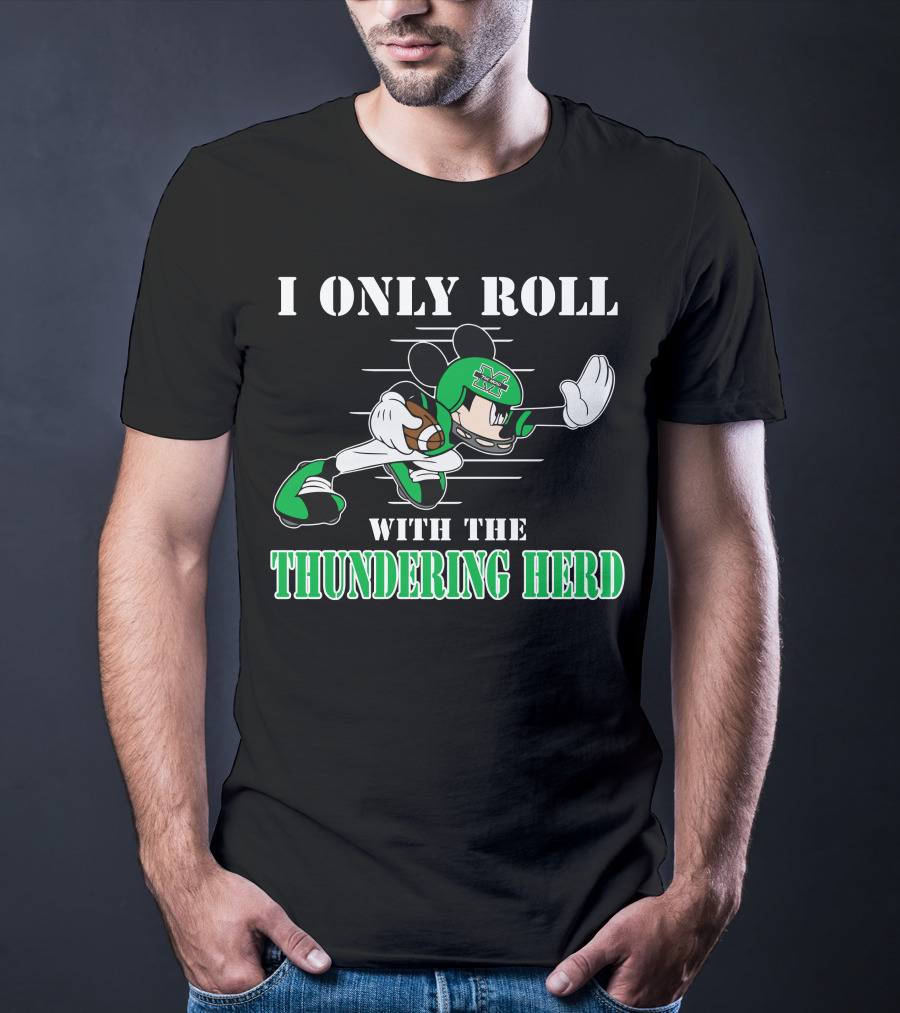 I Only Roll With The Thundering Herd Marshall M Football Player Cartoon T-Shirt