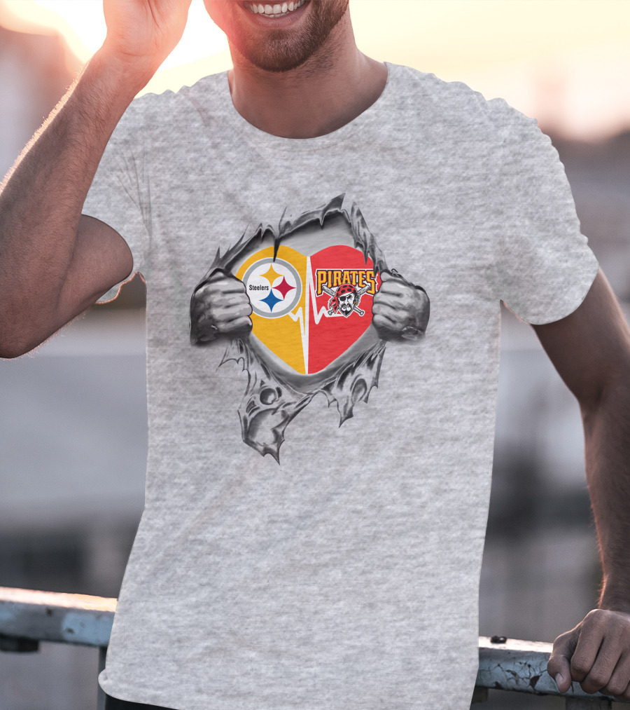 Steelers Pirates Heart Design In Torn Fabric T-Shirt