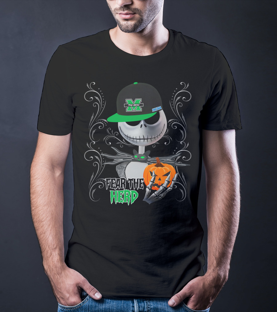 Marshall Thundering Herd Fear The Herd Halloween NCAA Skeleton With Pumpkin T-Shirt
