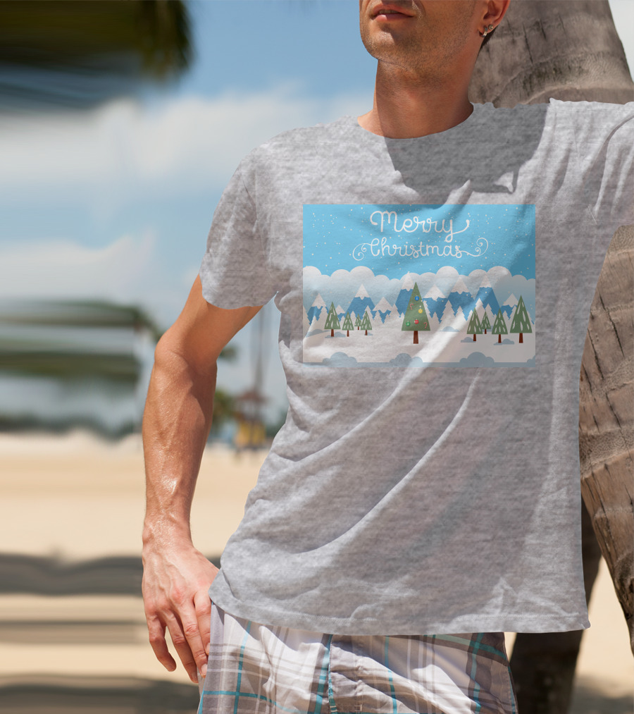 Merry Christmas Snowy Mountain Landscape With Decorated Tree T-Shirt