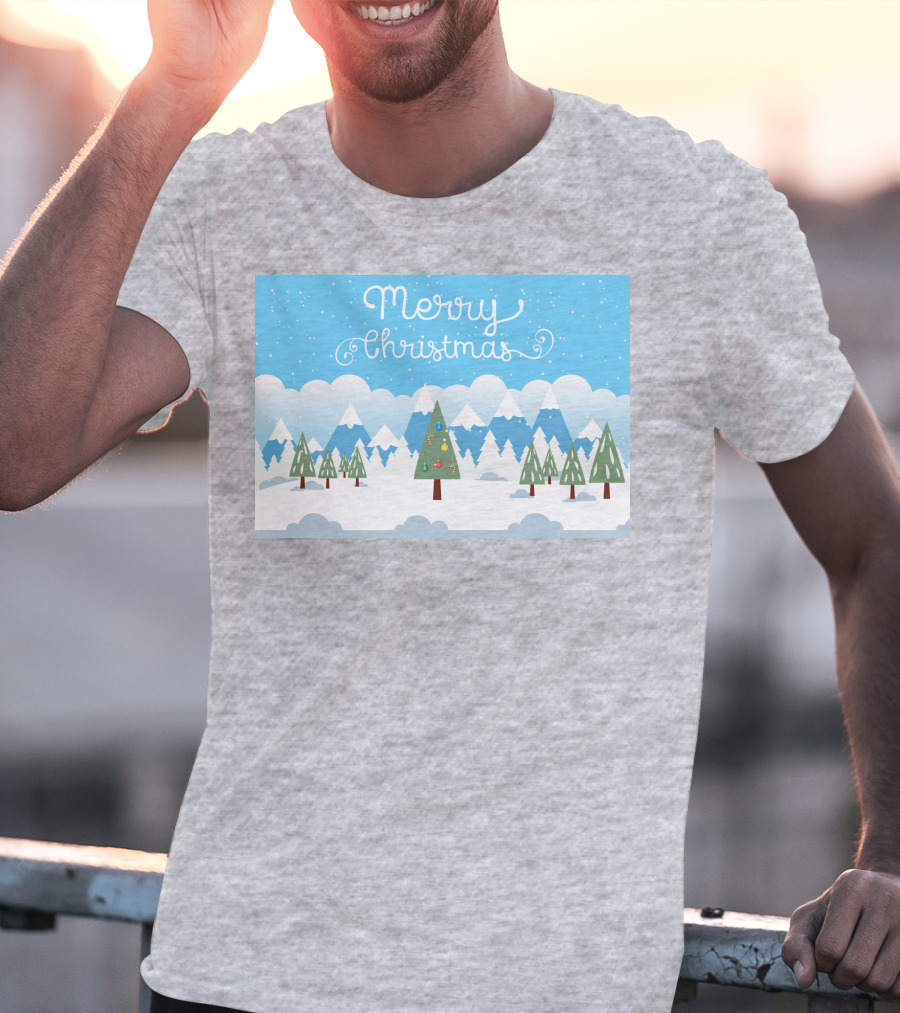 Merry Christmas Snowy Mountain Landscape With Decorated Tree T-Shirt