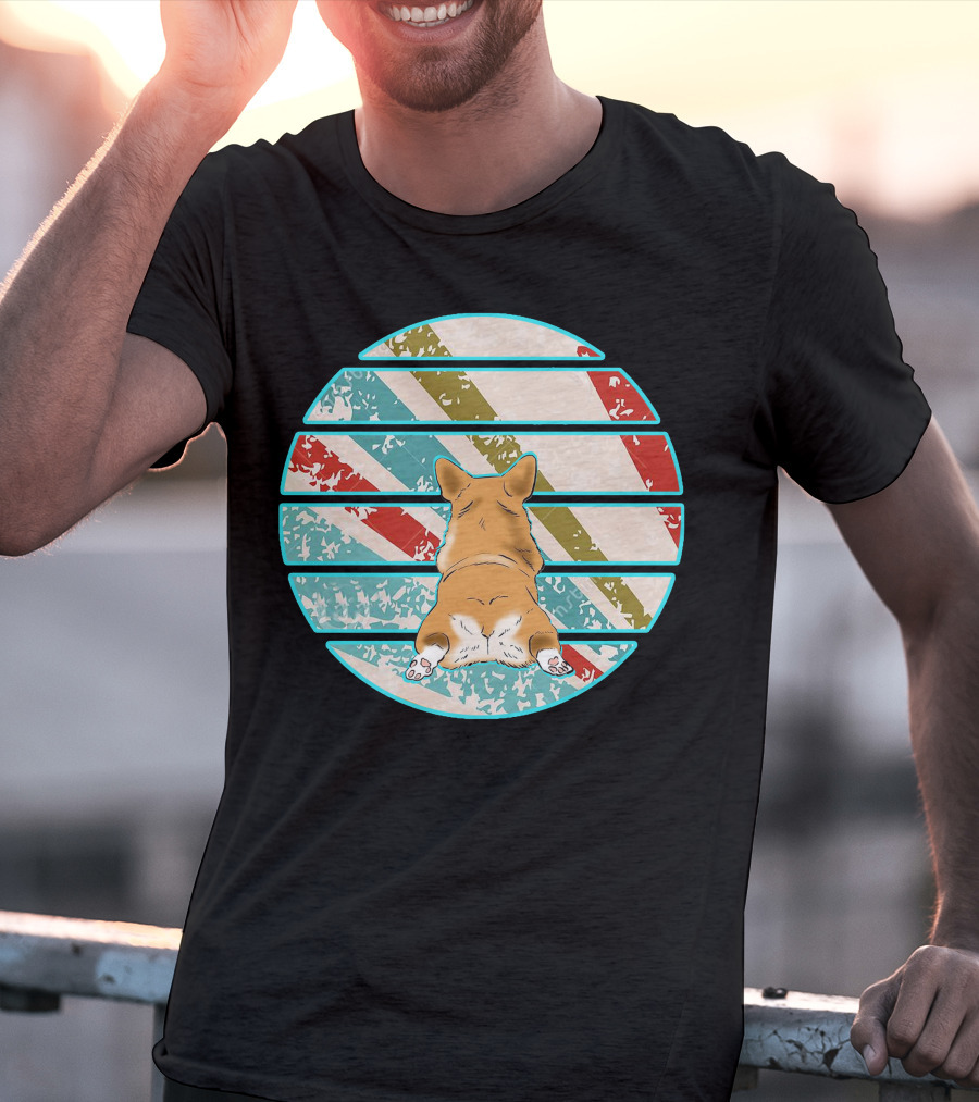 Welsh Corgi Retro Stripes Circle T-Shirt